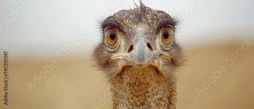 a close - up of an ostrich's face with a blurry background of sand and sky. photo