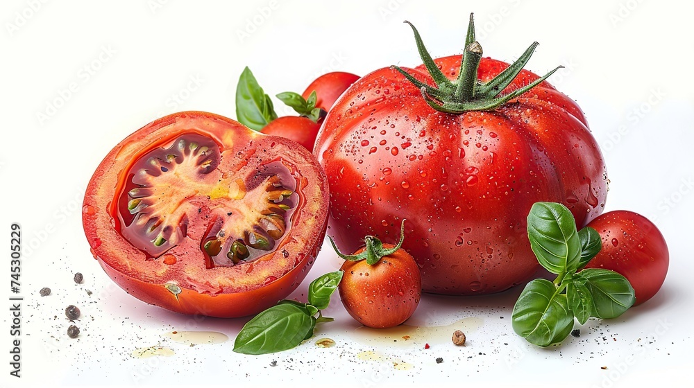 Fototapeta premium Tomato isolated. Tomato whole, half, on white background. Tomatoes with green basil leaves. Clipping path. Full depth of field