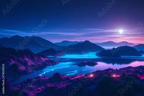 Futuristic night landscape with abstract landscape and island, moonlight, shine