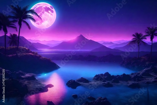 Futuristic night landscape with abstract landscape and island  moonlight  shine