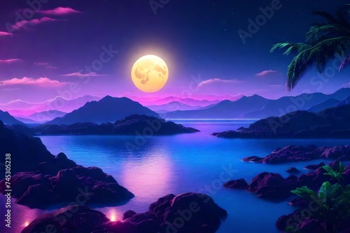 Futuristic night landscape with abstract landscape and island, moonlight, shine Futuristic Night Landscape with Abstract Landscape and Moonlight Shine