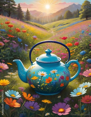 Blue Porcelain Teapot in a Vibrant Floral Sunrise Landscape, Generative AI