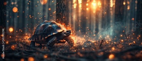 a tortoise in the middle of a forest with fire and sparks coming out of it's shell. photo