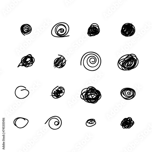 Set of hand drawn doodle circles in a grunge style. Scribble doodle circle and point. Collection black shapes dots and drops. Vector illustration for bullet journal. Isolated white background.