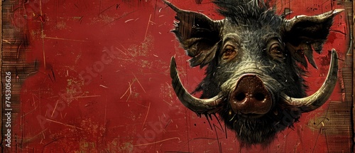 a painting of a boar's head with horns sticking out of it's mouth on a red background. photo