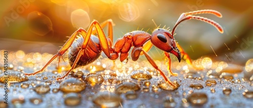a close up of a red ant standing on a wet surface with drops of water on it's surface.