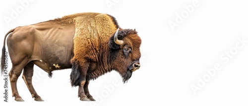 a close up of a bison standing on a white background with a blurry image of the back end of it s head.