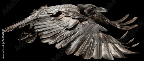 a close up of a bird flying in the air with its wings spread out and wings spread out, with a black background. photo