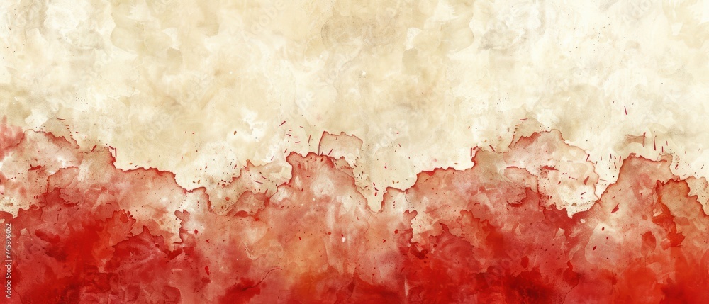 a painting of red and white paint on a white and beige background with a red and white stripe at the bottom of the painting.