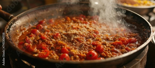 A large pot filled with a mixture of sheep bowel, tomatoes, and spices is placed on a stove, simmering and cooking to prepare Turkish street food called Kokorec. The ingredients are slowly blending