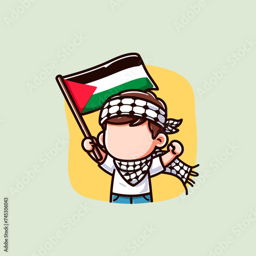 Palestinian boy waving and holding Palestine flag wearing Keffiyeh scarf mascot cute vector isolated faceless illustration t-shirt design