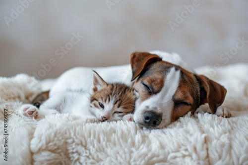 Cute little kitten and puppy lying together on a cozy white blanket. AI generative
