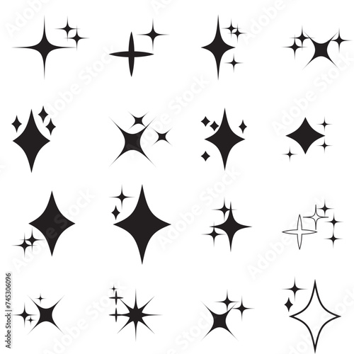 Minimalist twinkle star shape symbols. Shining star icons  abstract sparkle black silhouettes. Set of twinkling star vector  silhouette. Modern geometric elements  shining star icon set. 