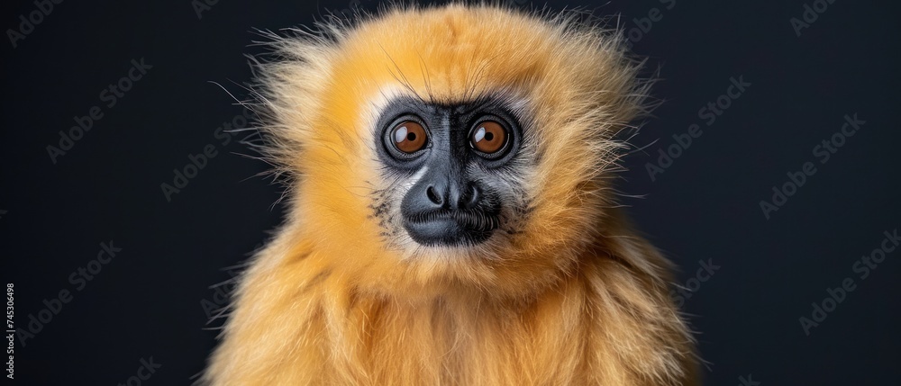 Fototapeta premium a close up of a monkey's face with an orange and white fur coat on it's head.