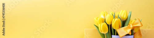 a gift wrapped with yellow tulips and a gift box in a yellow background