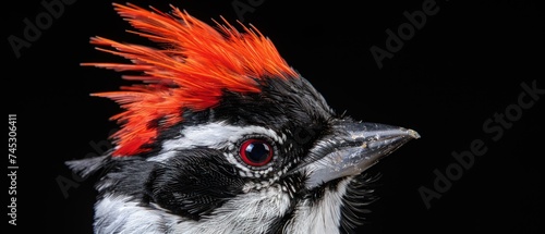 a close up of a black and white bird with a red and orange mohawk on top of it's head. photo