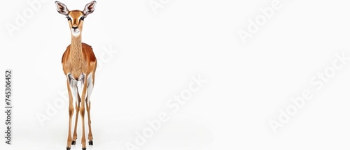 a giraffe standing in front of a white background with a black stripe on it's back legs.