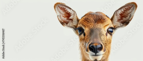 a close - up of a deer's face with a white back ground and a white wall in the background. photo