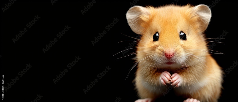 a close up of a hamster on a black background with a caption in the middle of the image.