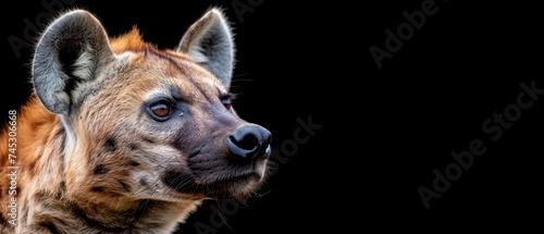 a close - up of a hyena's face on a black background with a blurry background.