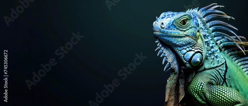 a close up of an iguana on a black background with a green and blue hued color scheme.