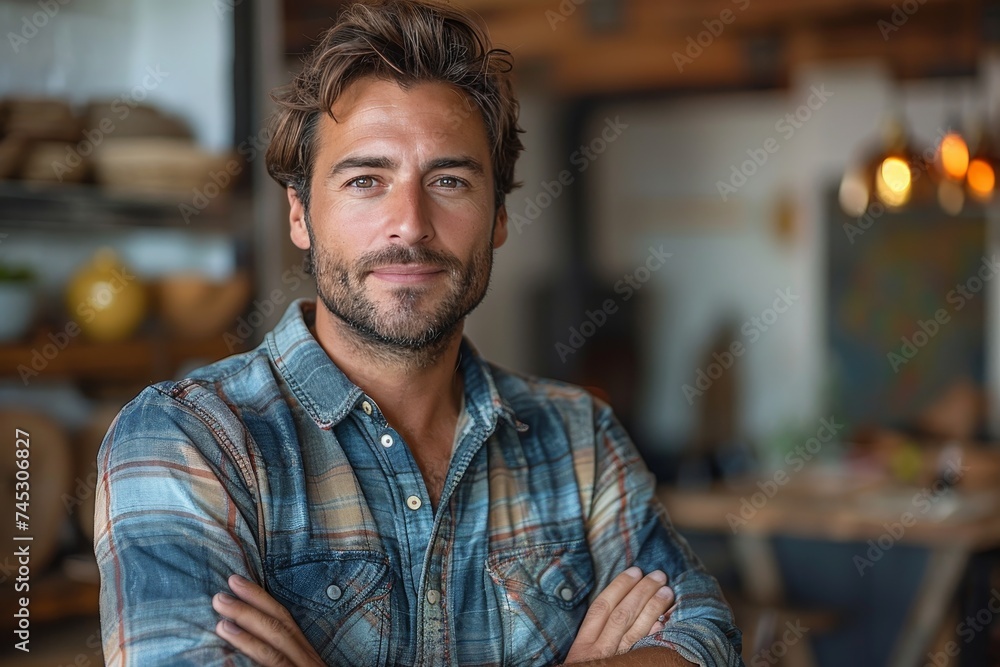 Fototapeta premium A handsome man with a disarming smile stands casually in a rustic restaurant setting, exuding charm and approachability