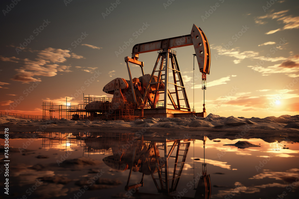 An image of an oil pump in a vacant lot. Generated by artificial intelligence