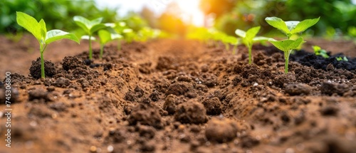 a group of small green plants sprouting out of the ground in a dirt field with the sun shining in the background. photo