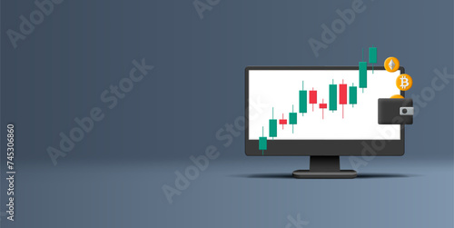 Crypto currency trading chart with Japanese candlestick bars, wallet with bitcoin and ethereum coins, 3d render illustration