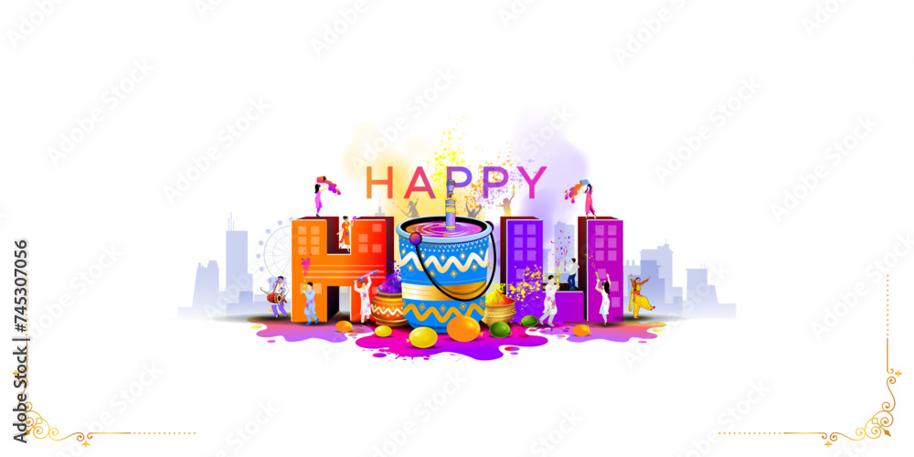 Happy Holi 3d text design. Holi celebration in city and color bucket. Vector Greeting card background.