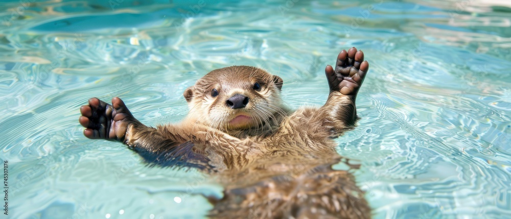 a sea otter swimming in a pool with his hands in the air and it's head above the water. a sea otter swimming in a pool with his hands in the air and it's head above the water.
