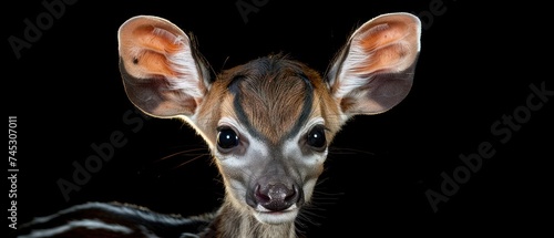 a close up of a deer's face with a black background and a white stripe on it's head. photo