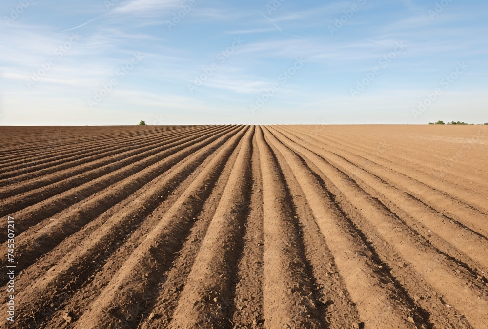 the farm fields are covered with several plowed lines which are depicted in a light blue sky