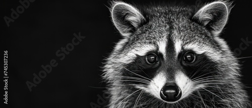 a black and white photo of a raccoon looking at the camera with a sad look on its face. © Jevjenijs
