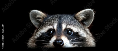 a close up of a raccoon's face on a black background with a blurry look on its face.