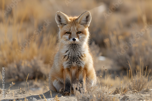 Small Fox Sitting on Top of Dry Grass Field