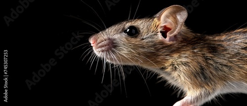 a close up of a rodent's face on a black background with a light shining on the rat's head.