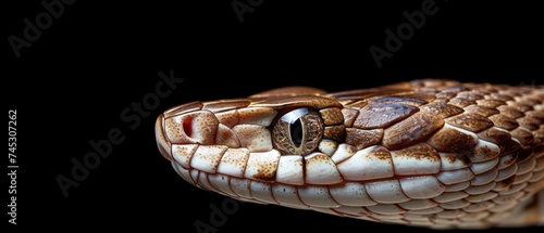 a close up of a snake's head with brown and white stripes on it's skin and a black background.