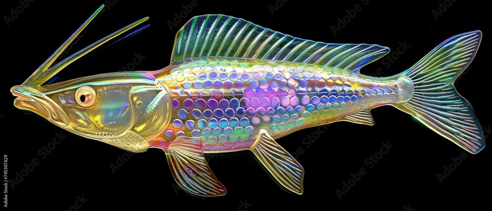 a close up of a fish on a black background with a reflection of it's body in the water. a close up of a fish on a black background with a reflection of it's body in the water.