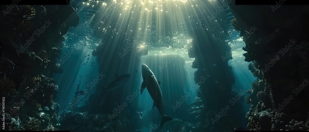 a fish swims through a tunnel in the ocean with sunlight streaming through the water's walls and floor.