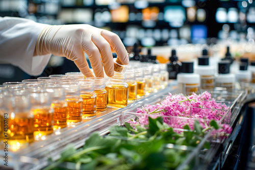 A scientist's hand is capping bottles of yellow herbal extracts or essential oils in a laboratory, intended for development into aromatherapy products, perfumes, cosmetics, and medicines.
