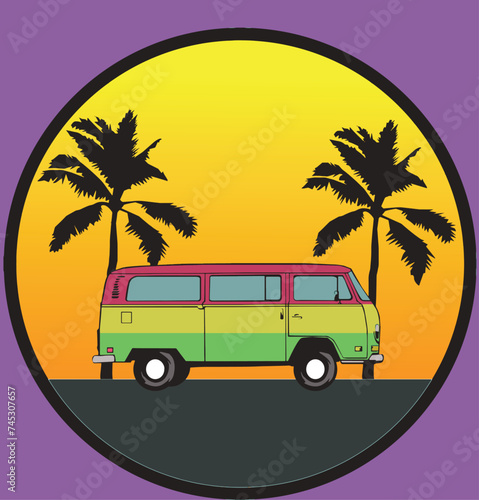 vector illustration Driving holiday on the beach at dusk