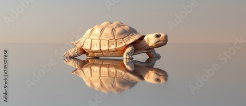 a small turtle on a reflective surface with a reflection of it's head on the water's surface. photo