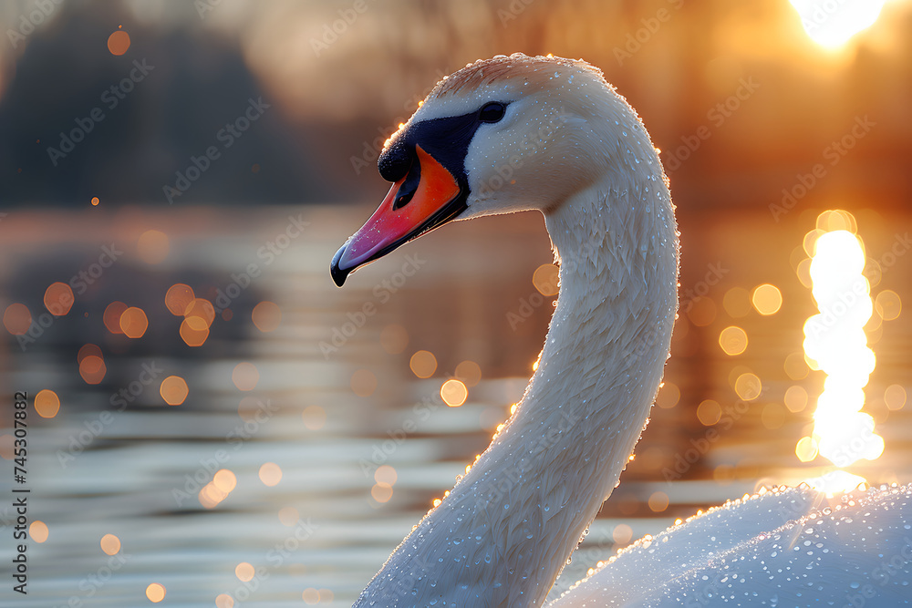 Close Up of a Swan Floating on Water - obrazy, fototapety, plakaty 