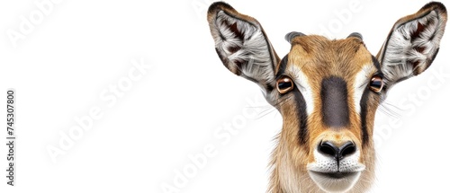 a close up of a goat's face with a white background and a brown and black stripe on it's head.