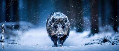 a wild boar is walking through the snow in the middle of a wooded area with snow falling on the ground and trees in the background. photo