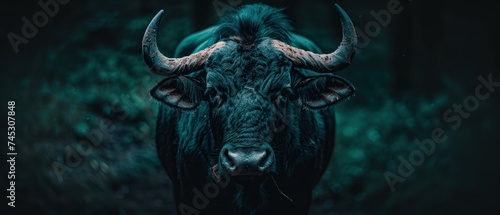 a black bull with large horns standing in a dark area with trees in the background and grass in the foreground.