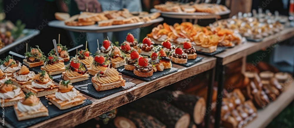 A variety of mini canapes and snacks are neatly arranged on a decorated table at a gala reception. The spread includes small sandwiches, bite-sized desserts, cheese platters, and fruit skewers