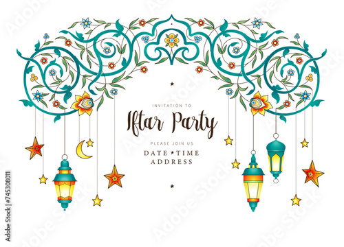 Vector Ramadan Kareem card, ornate invitation to Iftar party celebration. Oriental card. Lanterns for Ramadan wishing. Arabic shining lamps. Cards for Ramadan month. Oriental style.