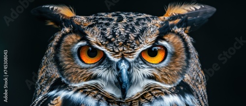 a close up of an owl's face with an orange and yellow eyeball in the center of the owl's head.